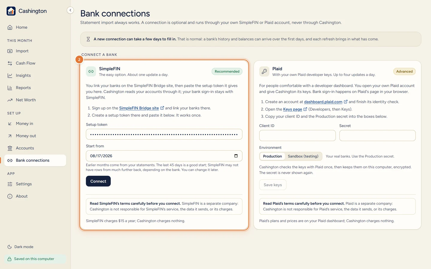 The SimpleFIN card with a setup token pasted (masked), Start from set 45 days back, and the Connect button.