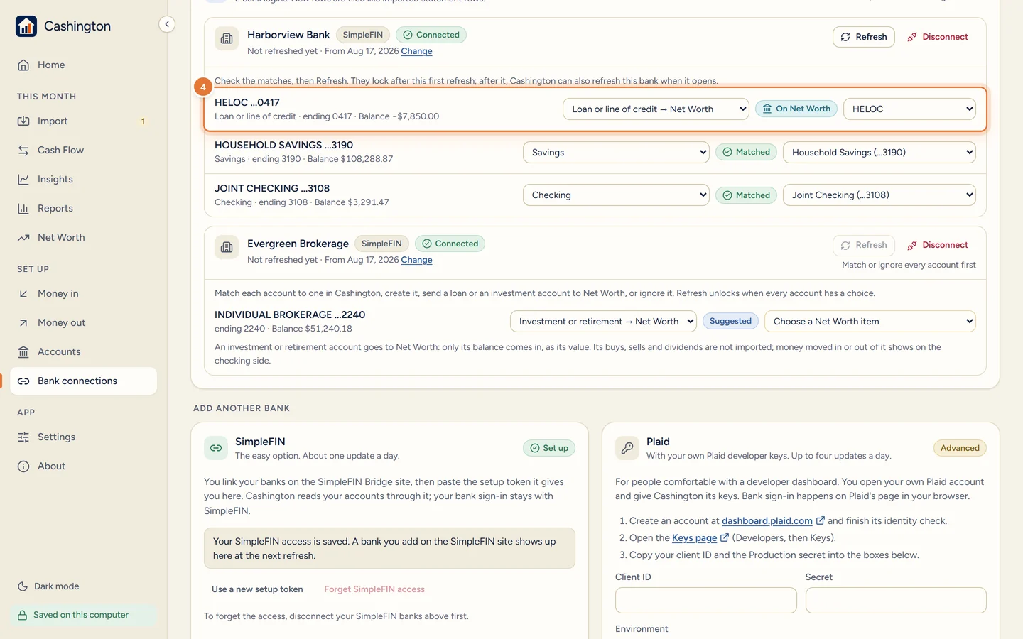 The HELOC account, suggested as a loan, set to Loan or line of credit to Net Worth and linked to the HELOC item, marked On Net Worth.