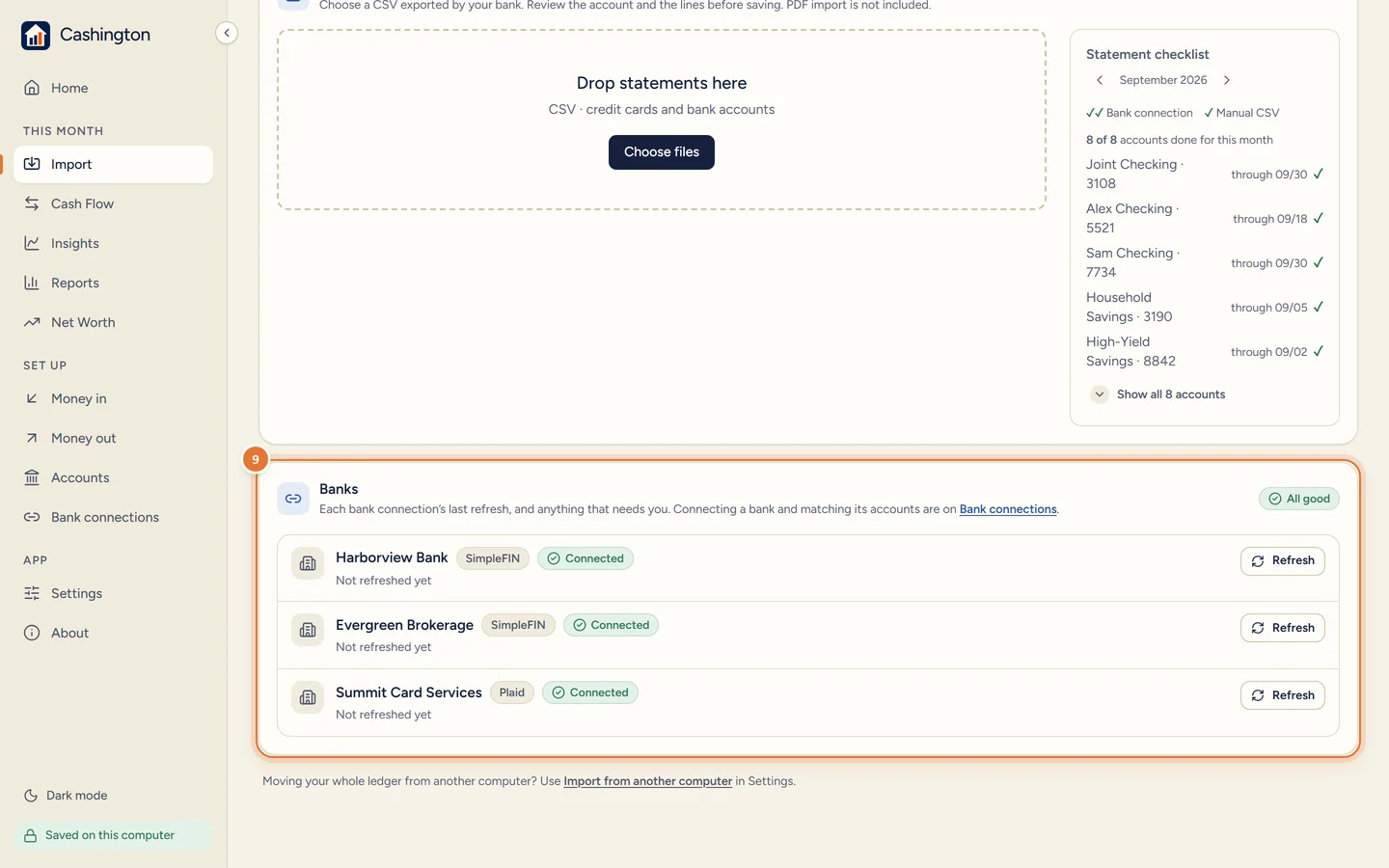 Import's Banks part listing Harborview Bank, Evergreen Brokerage and Summit Card Services, each not refreshed yet, with a Refresh button.