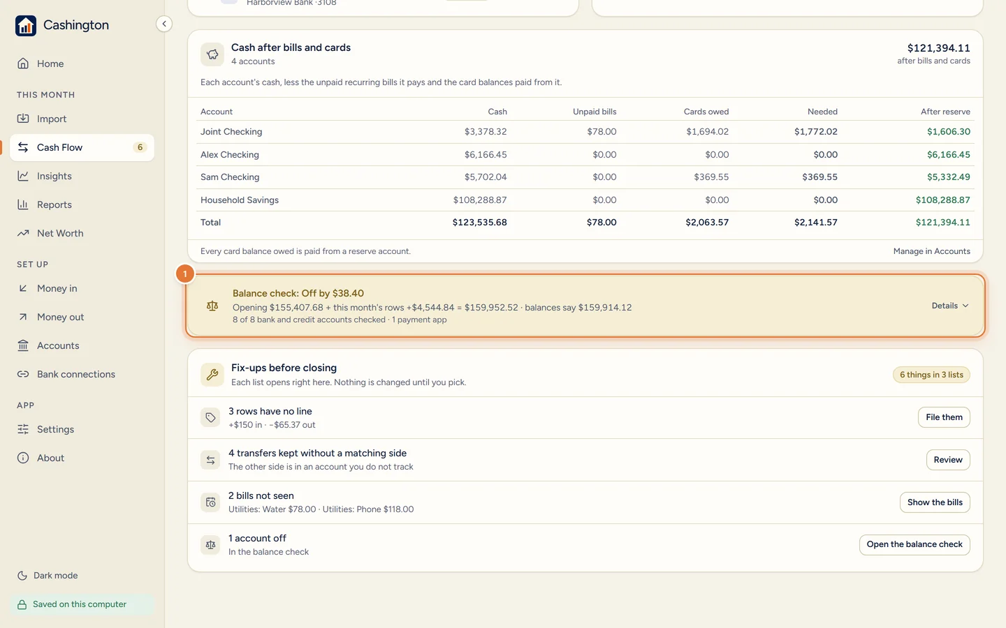 Balance check: Off by $38.40, opening balance plus this month's rows against what the balances say, 8 of 8 bank and credit accounts checked, and Details.