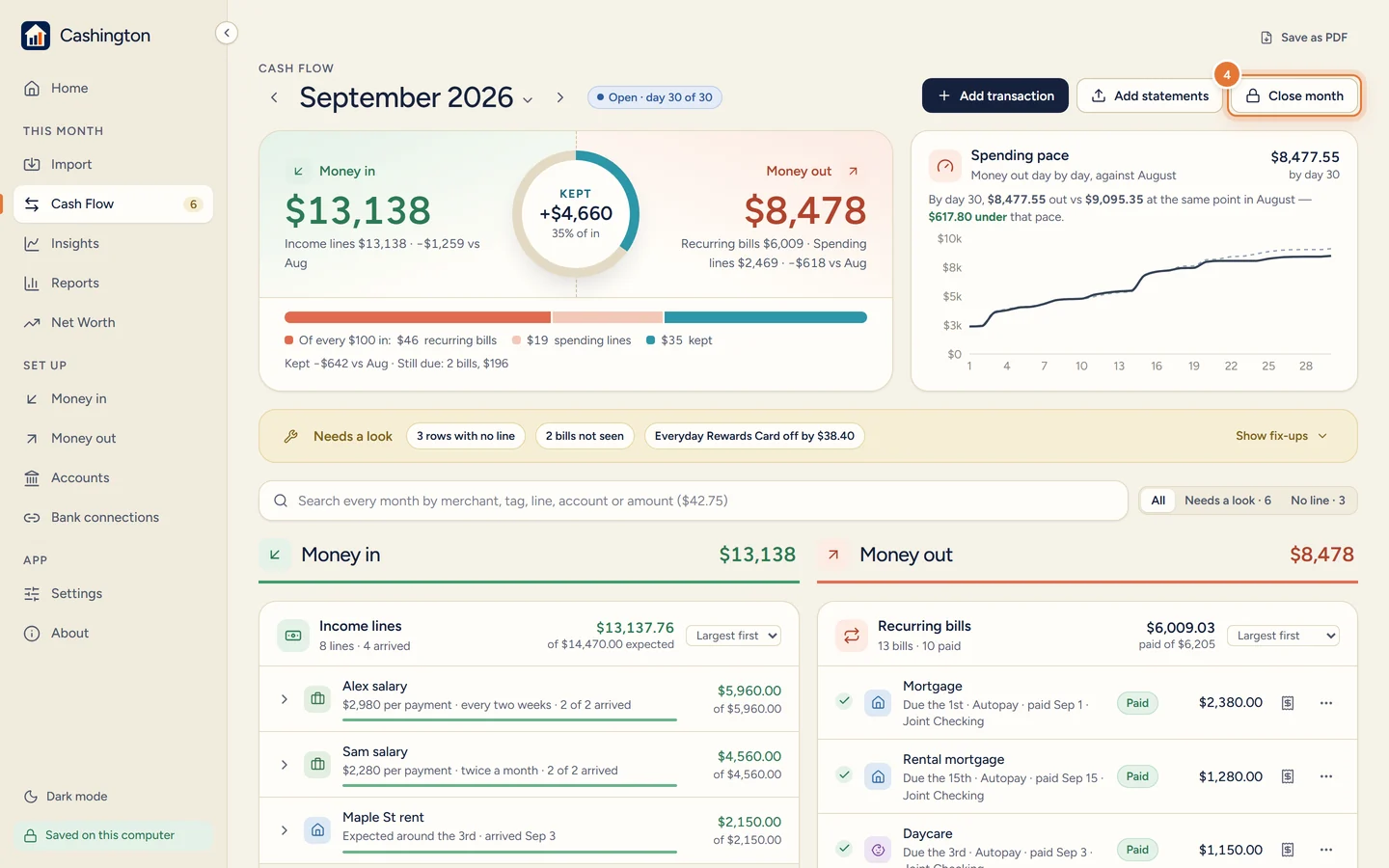 The Cash Flow header for September 2026, marked Open, with the Close month button.