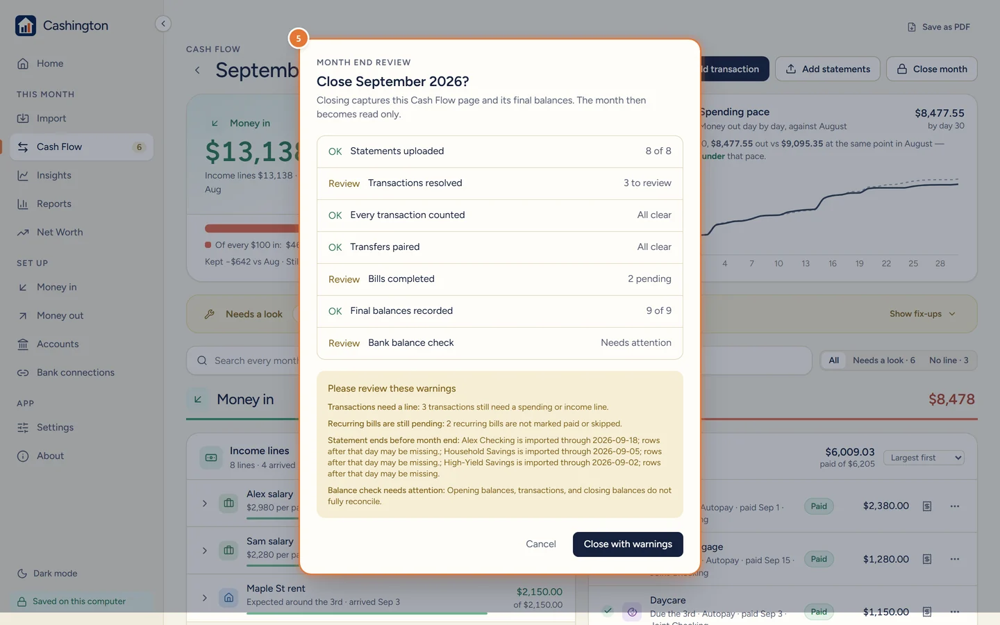 Month end review for September 2026: statements uploaded, transactions resolved, transfers paired, bills completed and final balances recorded, with Close with warnings.