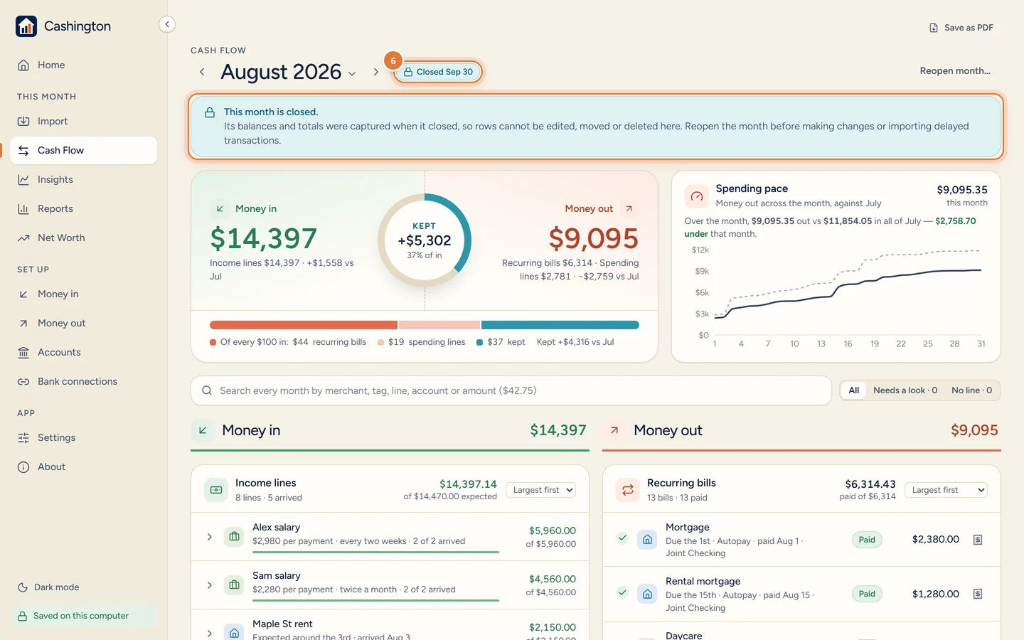 August 2026, Closed Sep 30, with a Reopen month button and the note This month is closed.