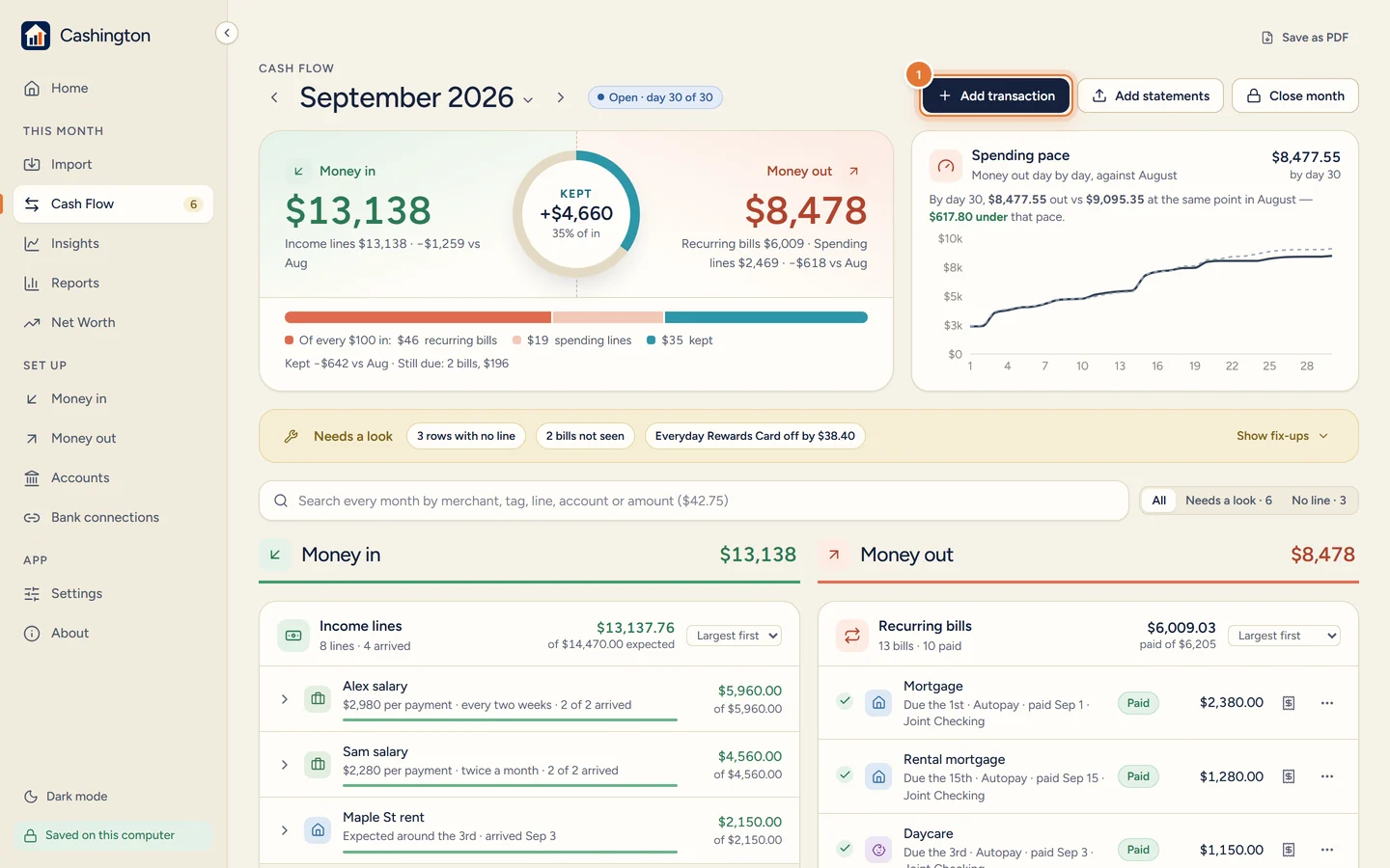 Cash Flow for September 2026 with the Add transaction, Add statements and Close month buttons.