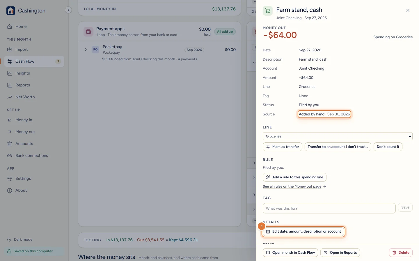 The drawer with Source: Added by hand, the Line picker with Mark as transfer, a Rule section with Add a rule to this spending line, Tag, and Details with an Edit date, amount, description or account button.