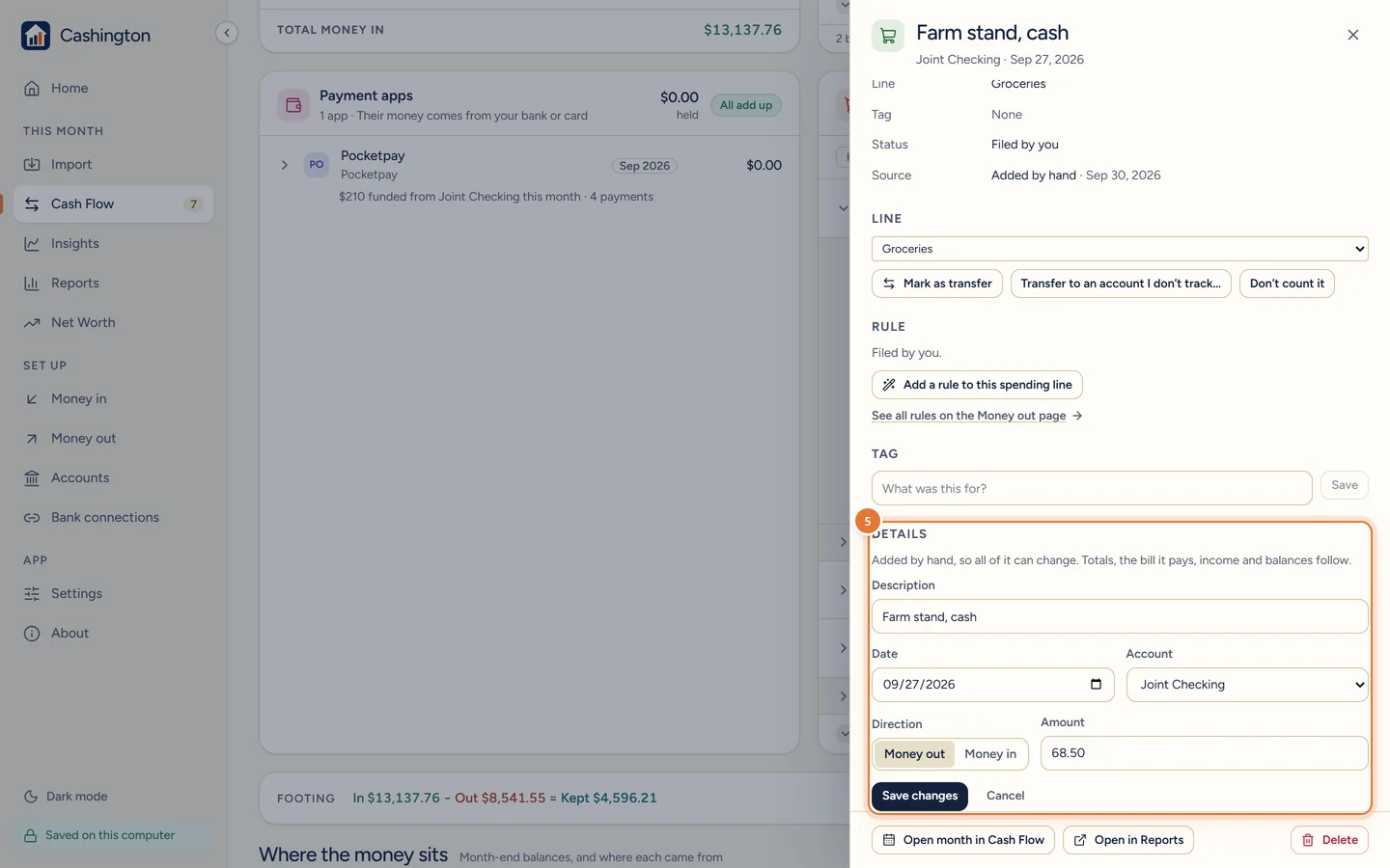 Details: Added by hand, so all of it can change, with Description, Date, Account, Direction and Amount fields and Save changes.