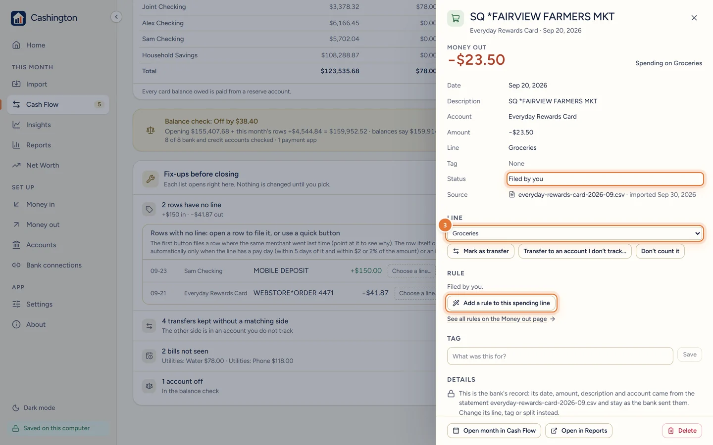 The transaction drawer for SQ *FAIRVIEW FARMERS MKT with the line set to Groceries, the status Filed by you, and an Add a rule to this spending line button.