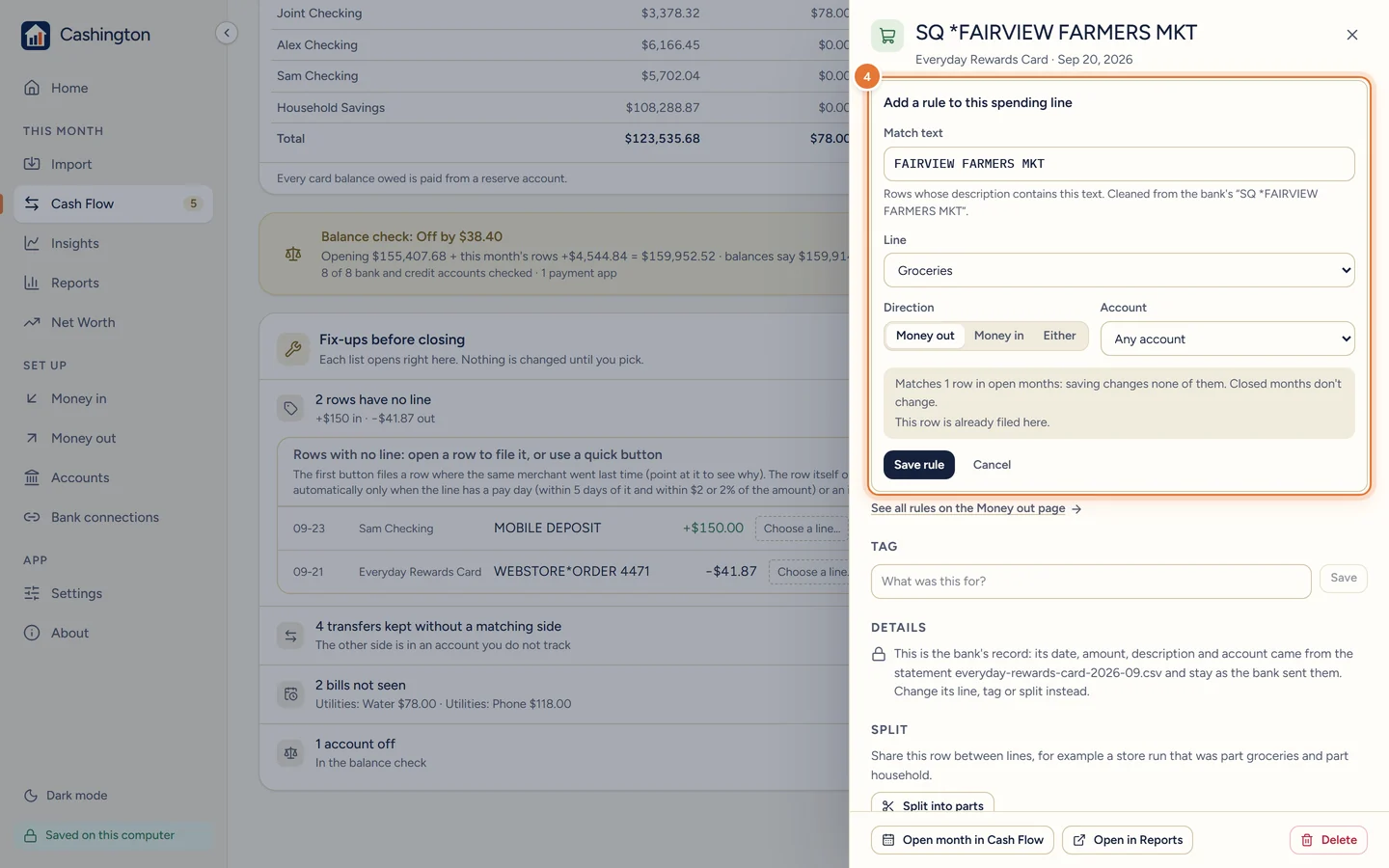 A row just filed under Groceries, with the offer to always file anything containing FAIRVIEW FARMERS there: Save rule or Just this once.