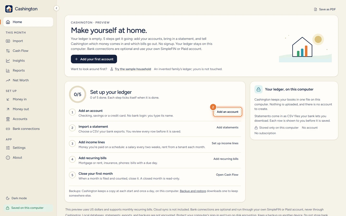 The checklist's Add an account step: Checking, savings or a credit card. No bank login: you type its name.