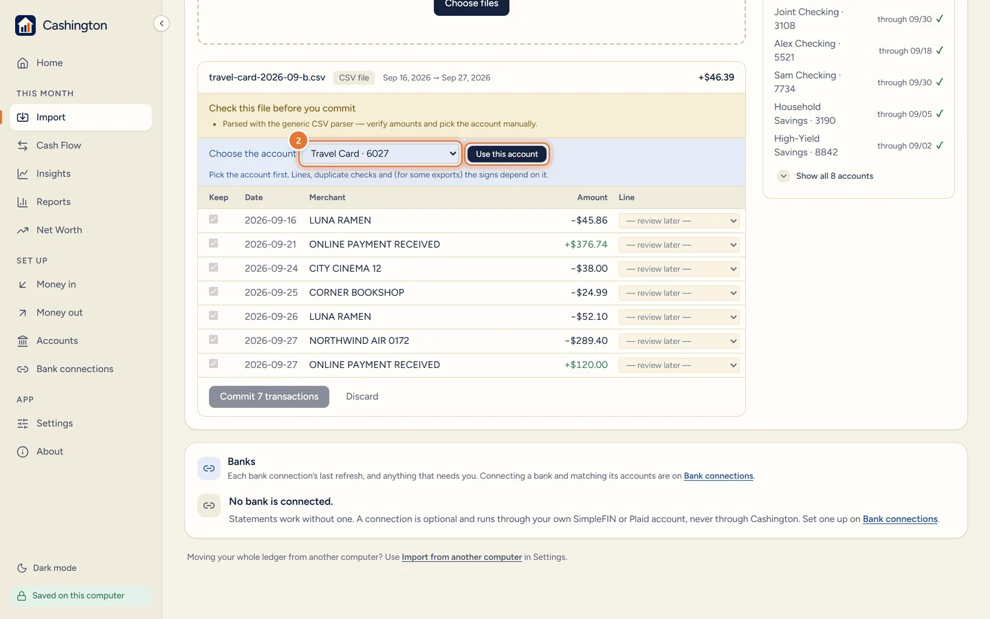 Check this file before you commit, with Choose the account set to Travel Card ending 6027 and a Use this account button.