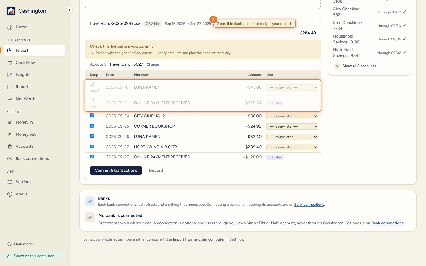 The statement preview: 2 possible duplicates already in your records are marked dup? and unticked, and a card payment is marked Transfer.