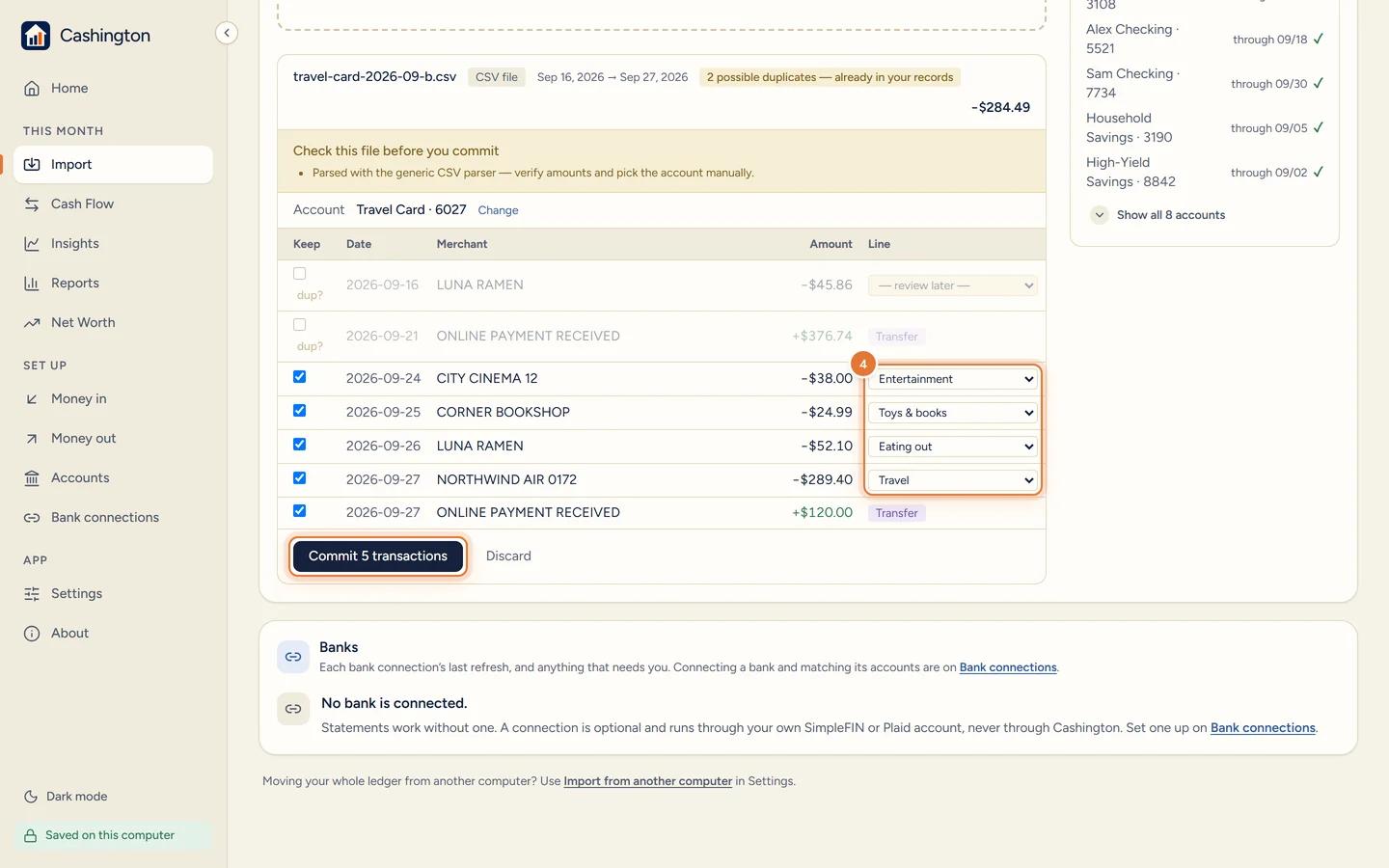 Preview rows filed under lines such as Entertainment, Eating out and Travel, with Commit 5 transactions and Discard buttons.