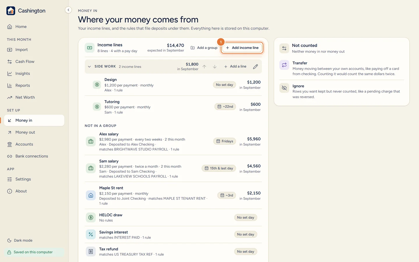 The Money in page, Where your money comes from, with Income lines, the Side work group, Add a group and the Add income line button.