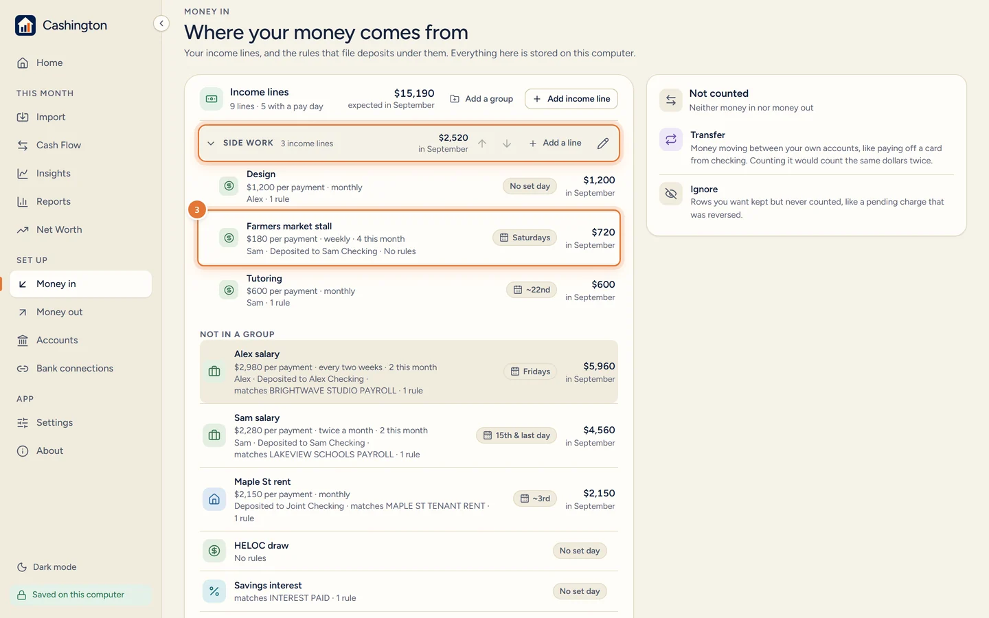 The Side work group with 3 income lines, and the new Farmers market stall line: $180 per payment, weekly, owner Sam, deposited to Sam Checking, Saturdays, $720 in September.