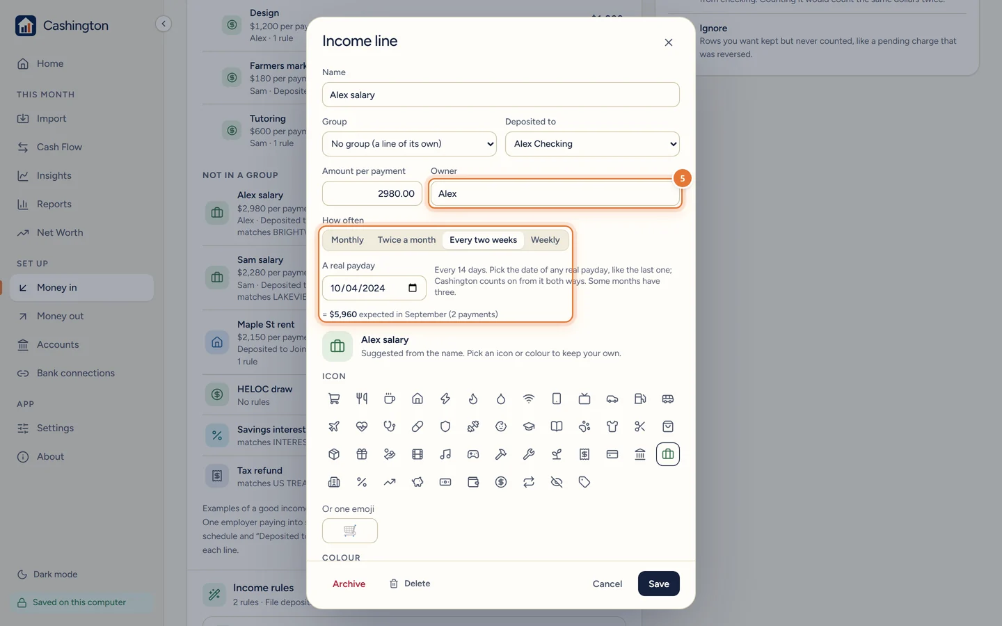 The Income line dialog for Alex salary with Group, Deposited to, Amount per payment and Owner, set to Every two weeks, showing $5,960 expected in September from 2 payments, with Archive, Delete, Cancel and Save.