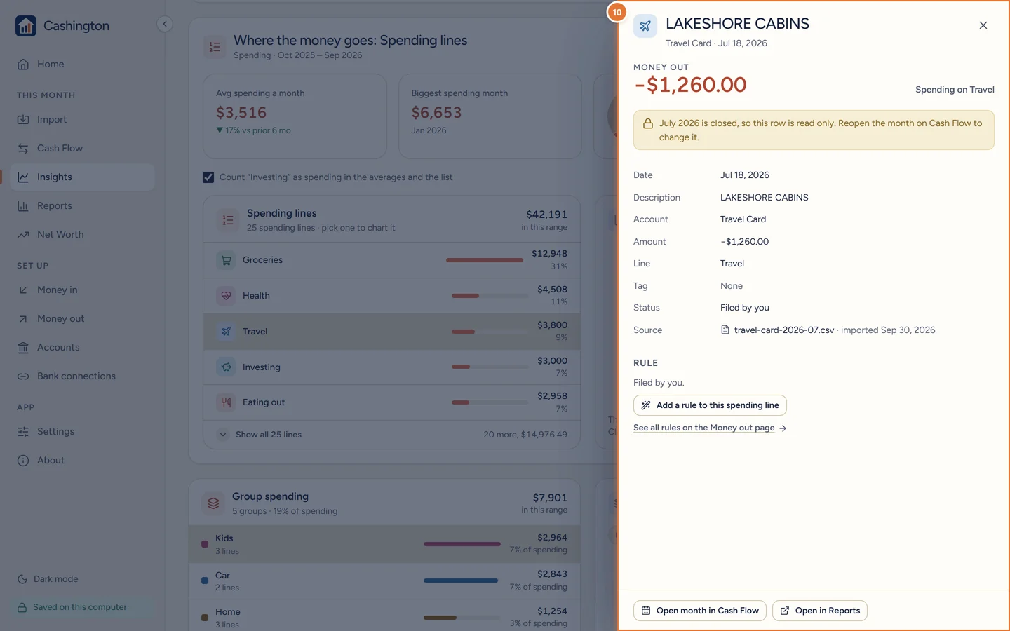 The transaction drawer over Insights, showing a money-out row's date, description, account, amount, line, tag, status and source.