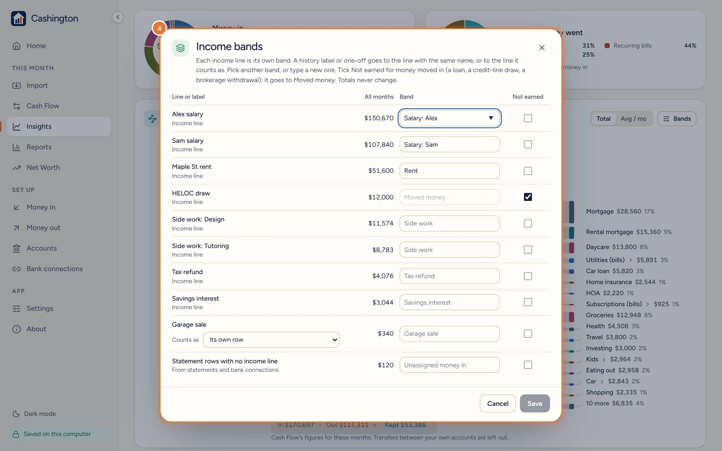 The Income bands editor, with a band for each income line and an is not earned tick box.