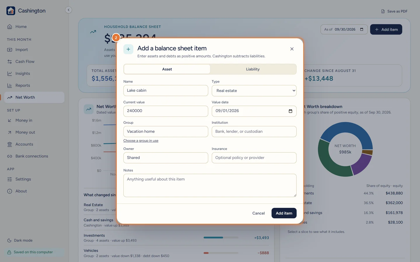 Add a balance sheet item: Asset selected, Name, Type set to Real estate, Current value, Value date, Group and Owner.
