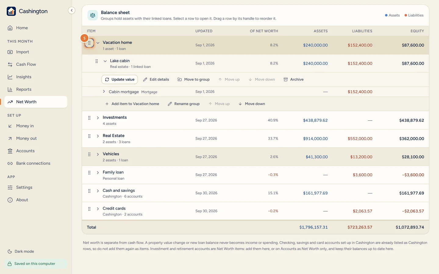 Reordering the Vacation home group by its handle, with the hint Drag a row by its handle to reorder it.