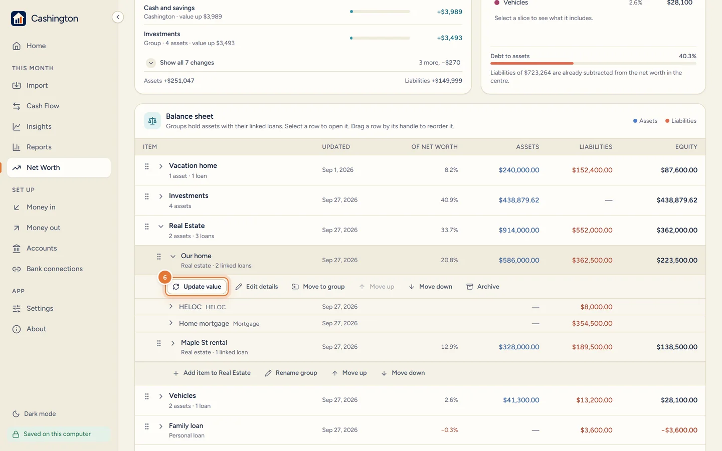 The Our home row opened, with Update value, Edit details, Move to group, Move up, Move down and Archive.