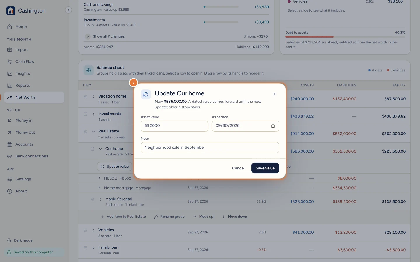Update Our home: Asset value, As of date and Note, with Cancel and Save value.