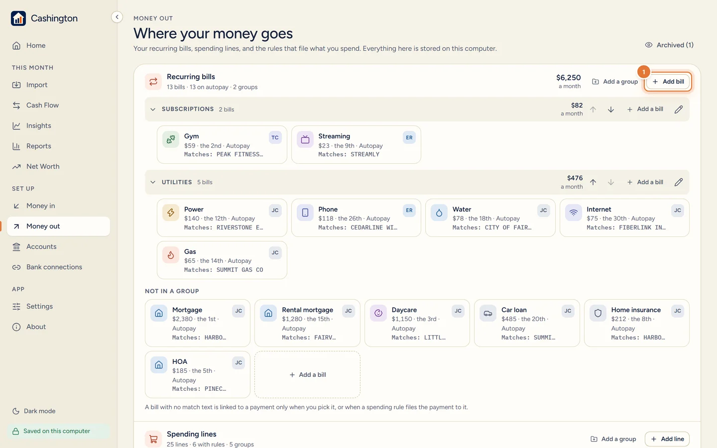 The Money out page, Where your money goes, with Recurring bills (13 bills, 13 on autopay, 2 groups), Add a group and an Add bill button.