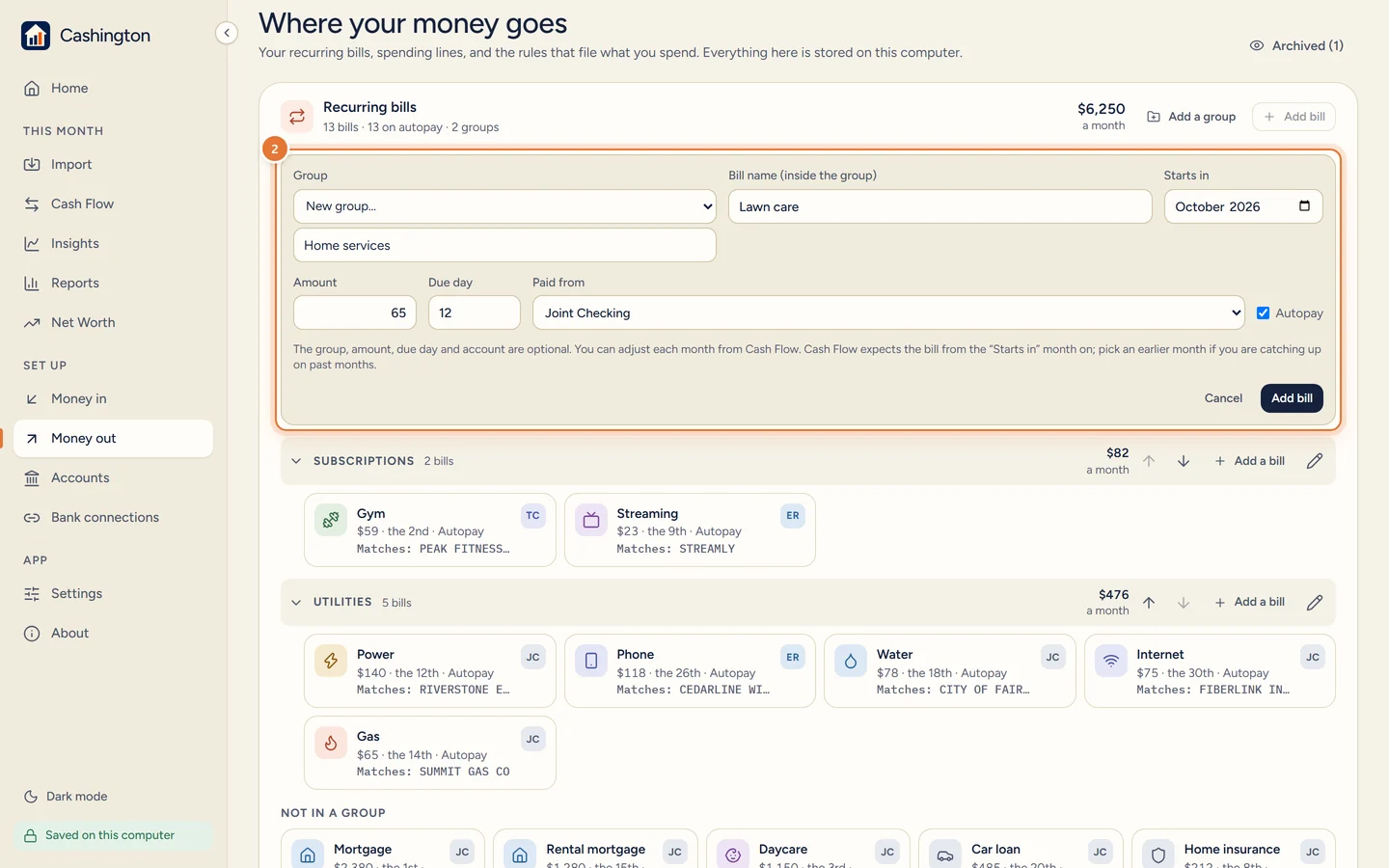 The New recurring bill form with Group set to a new group, Home services, Bill name, Starts in, Amount, Due day, Paid from and Autopay.