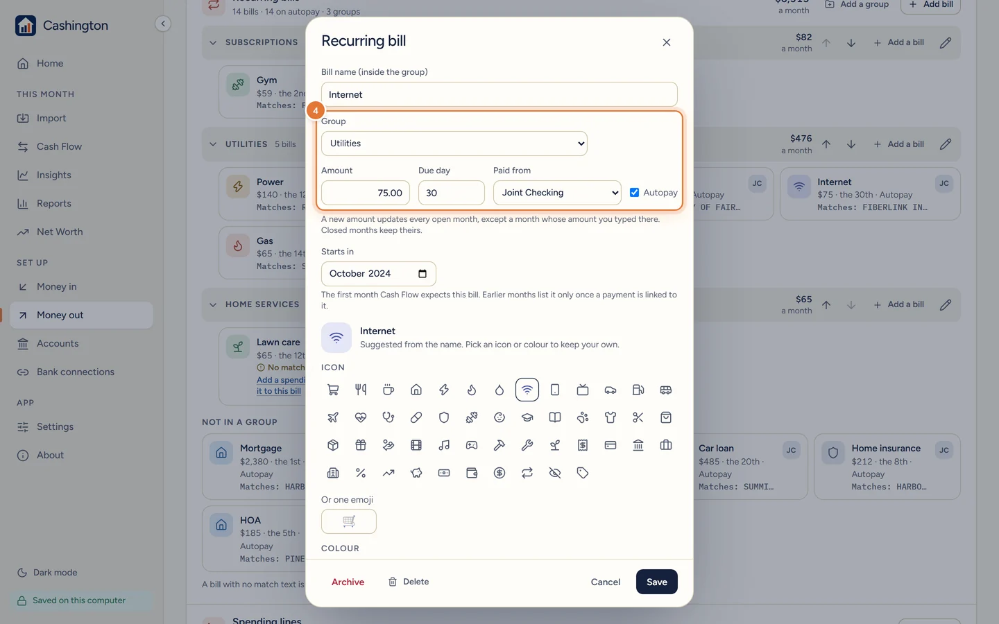 The Recurring bill dialog for Internet with Group, Amount, Due day, Paid from and Autopay fields, and Cancel and Save buttons.