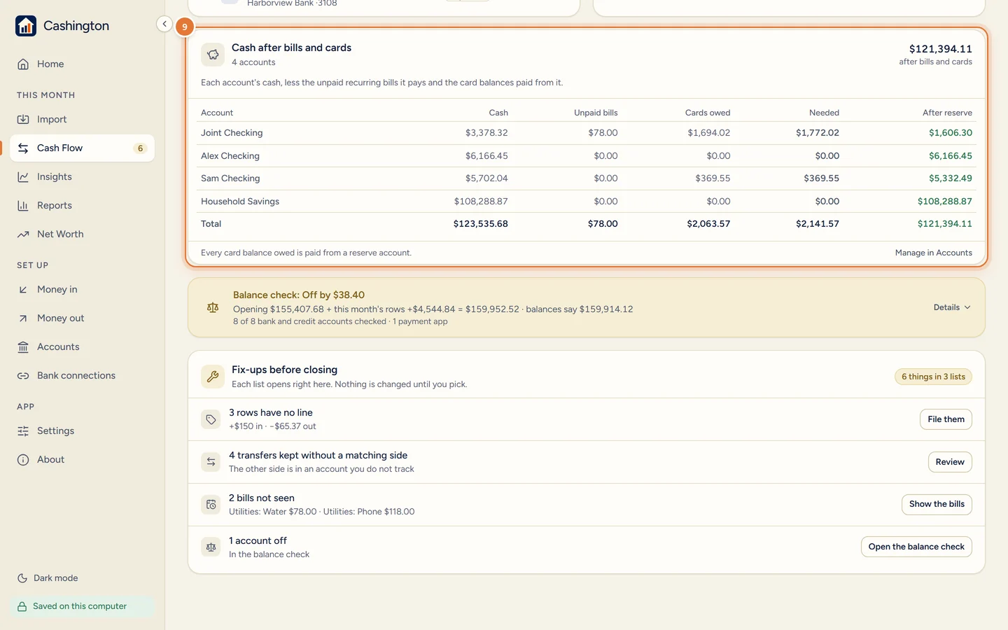 Cash after bills and cards: four accounts with Cash, Unpaid bills, Cards owed, Needed and After reserve, a total, and a Manage in Accounts link.