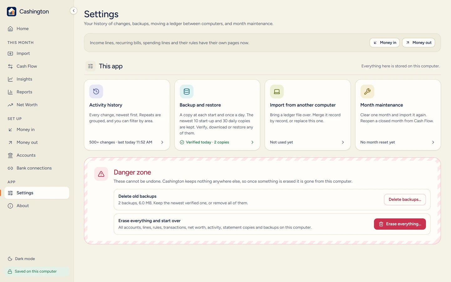 Settings, This app, and the Danger zone: Delete old backups, and Erase everything and start over, with the note that Cashington keeps nothing anywhere else.
